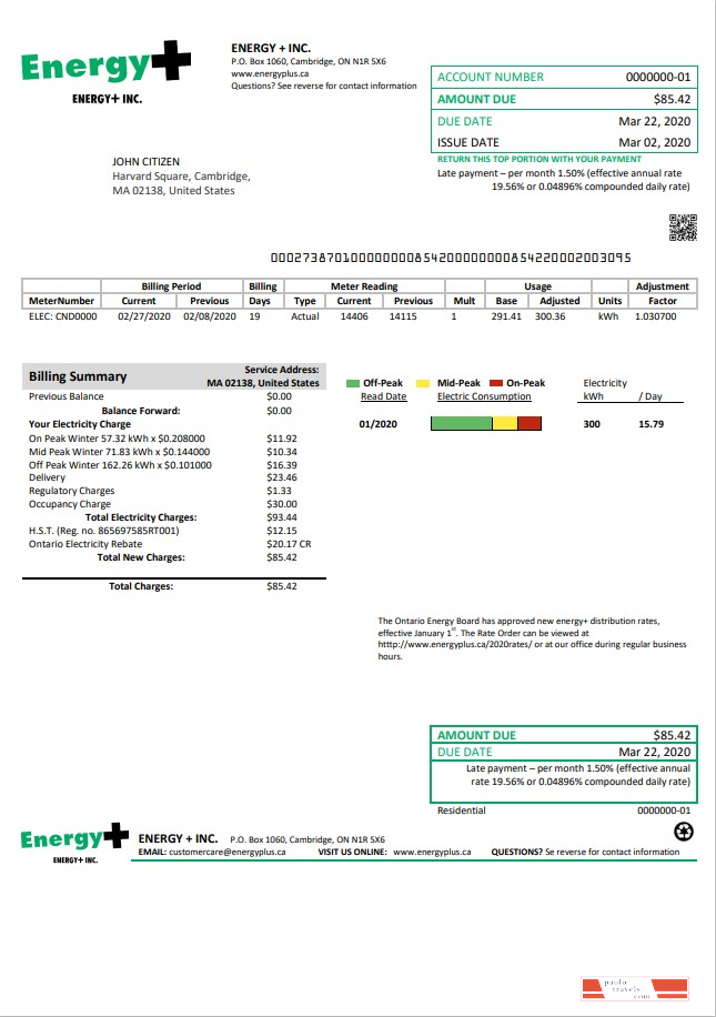 USA Massachusetts Energy Plus electricity utility bill template in Word and PDF format